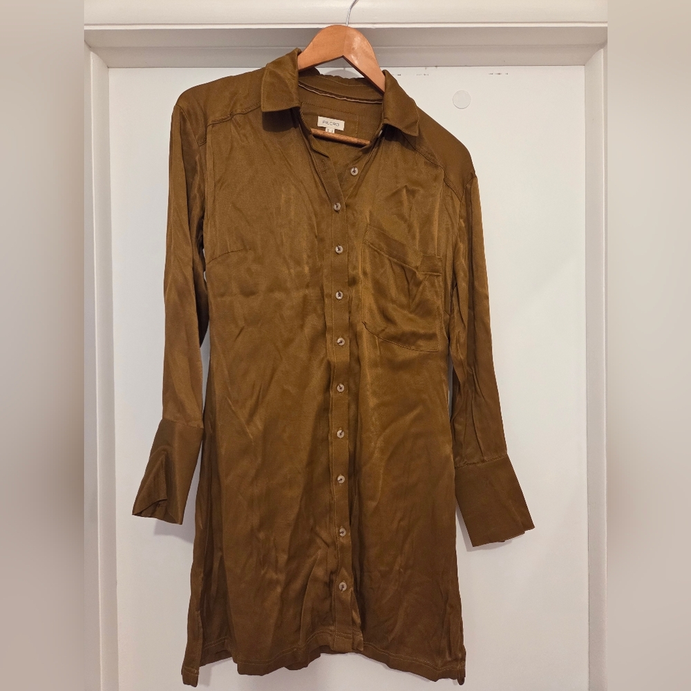ANTHROPOLOGIE Pilcro Button-Down Silky Tunic LS Brown Blouse Top Size 2 EUC